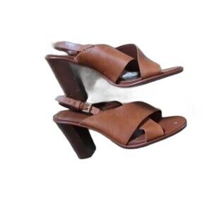 Lauren Ralph Lauren Olessia Crisscross Leather Brown Leather Tan Block Heels 8B
